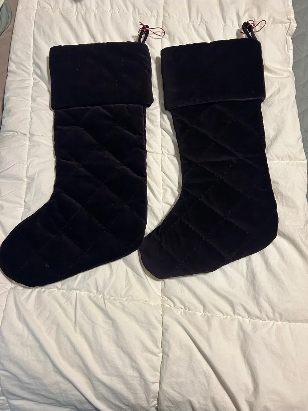 Pottery Barn two Christmas Stockings deep purple  Embroidered Velvet